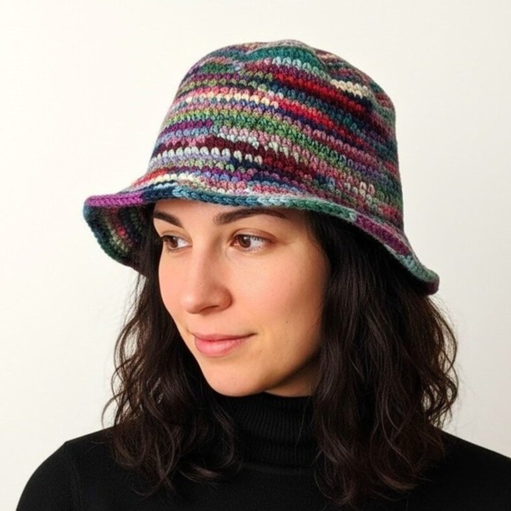 VTG Y2K Handmade Crochet Bucket Hat Multicolor Scrap Yarn Funky Artsy Unisex